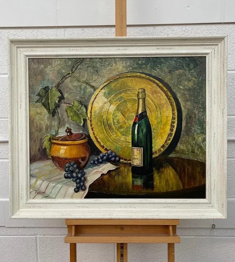 Vintage Champagne Bottle With Grapes Still Life Oil Painting by 20th Century Artist, 1985 Circa - 3