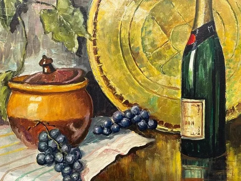 Vintage Champagne Bottle With Grapes Still Life Oil Painting by 20th Century Artist, 1985 Circa - 7