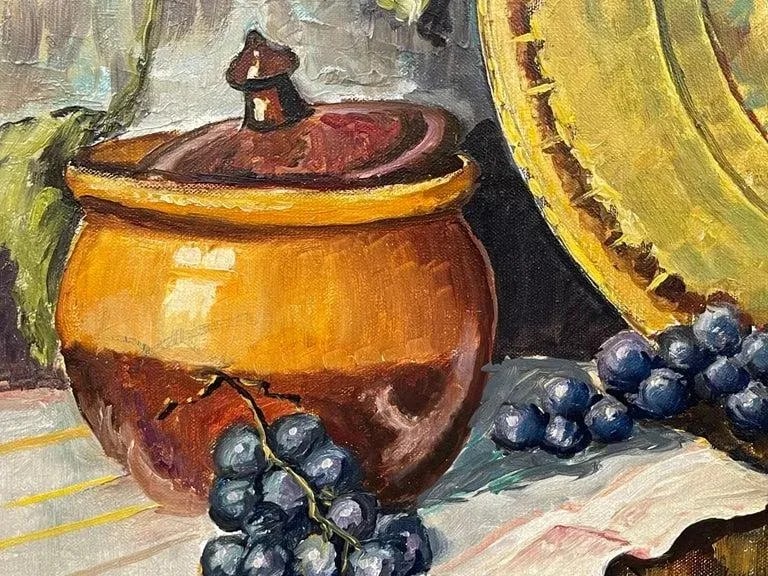 Vintage Champagne Bottle With Grapes Still Life Oil Painting by 20th Century Artist, 1985 Circa - 8