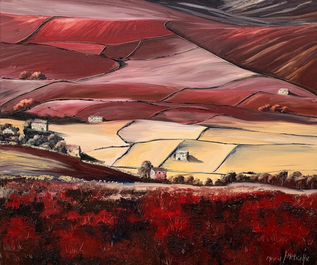 Red Abstract Landscape Oil Painting of the Yorkshire Dales by British Artist: Red and Yellow Abstract Landscape Oil Painting of the Yorkshire Dales, an Area of Outstanding Natural Beauty, by British Artist Moira Metcalfe. This original showcases a clever use of mark-making tech