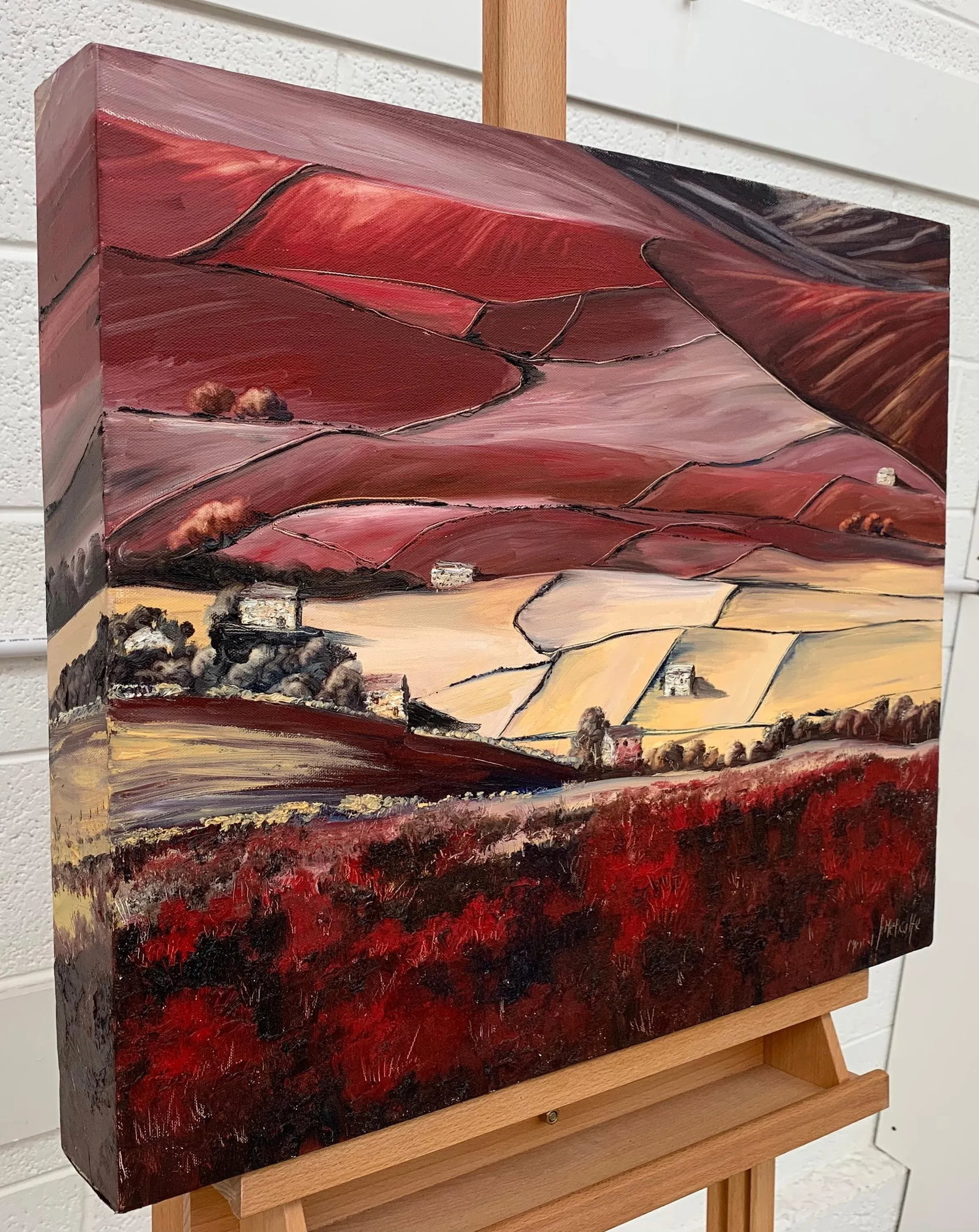 Red Abstract Landscape Oil Painting of the Yorkshire Dales by British Artist - 2