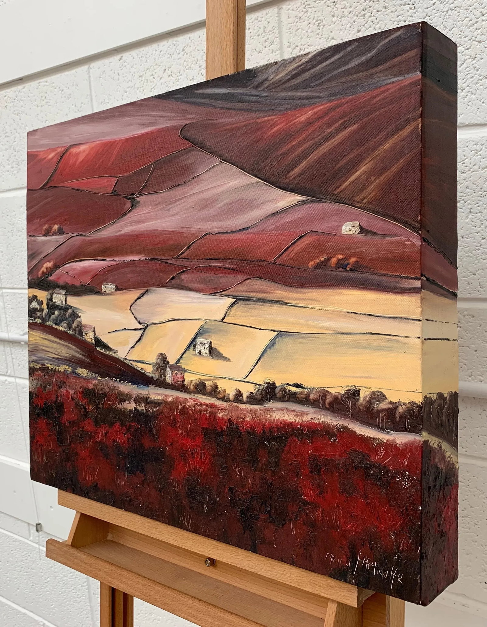 Red Abstract Landscape Oil Painting of the Yorkshire Dales by British Artist - 3