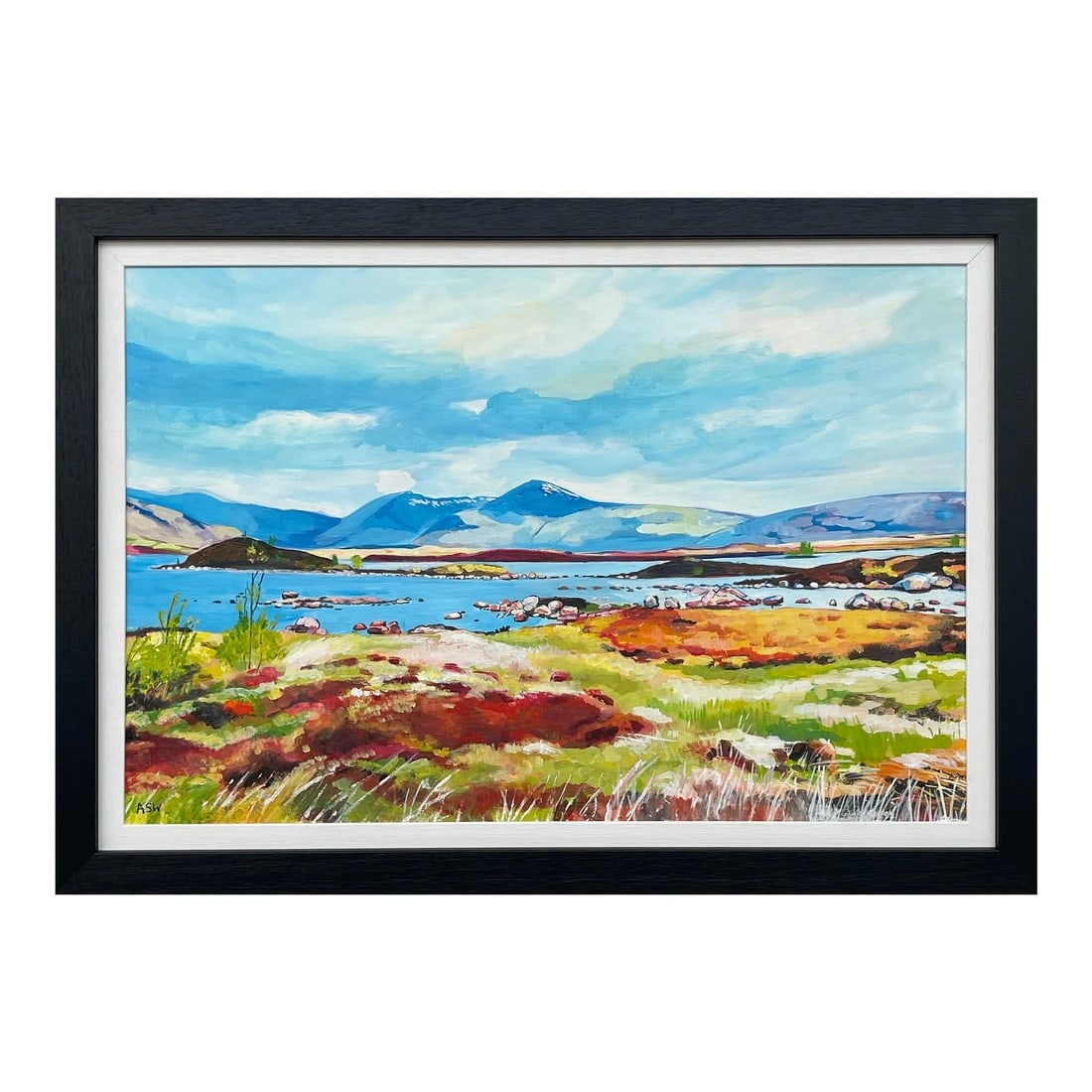 Colourful Abstract Landscape Painting of Scottish Highlands Contemporary Artist: Colourful Abstract Landscape Painting of the Scottish Highlands by Leading Contemporary British Artist, Angela Wakefield Art measures 30 x 20 inches Frame measure 35 x 25 inches Angela Wakefield has t