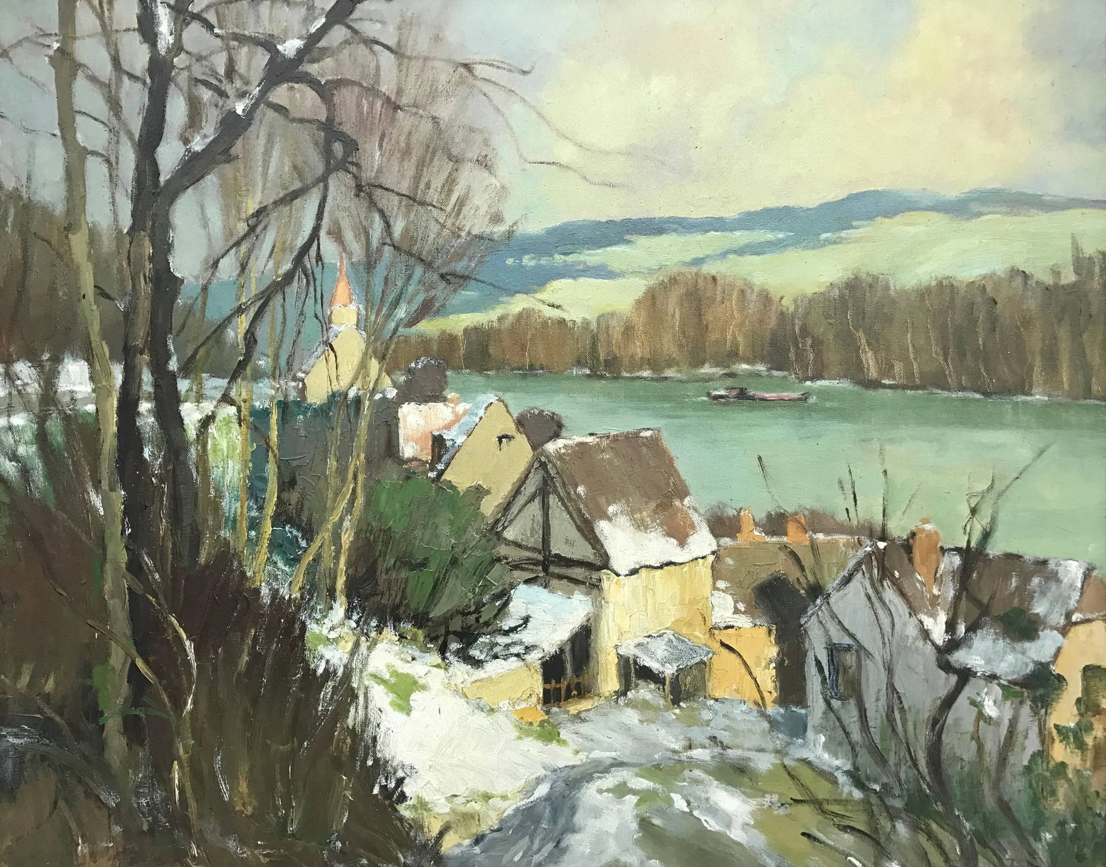 Georges Charles Robin, Port-Villez Neige Original French Landscape Impressionistic Riverscape Painti - 2
