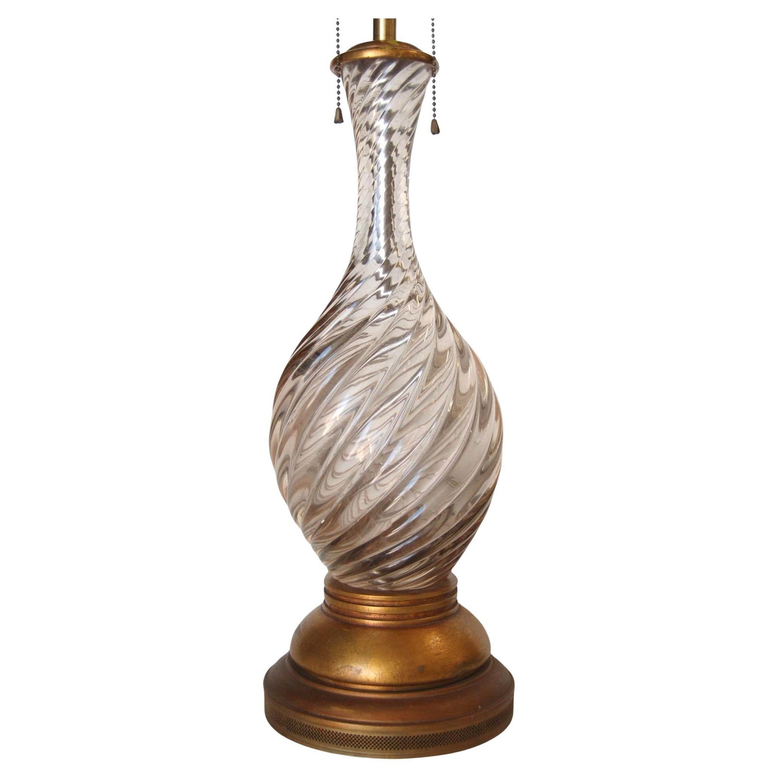 Italian Mid-century Pink Swirled Murano Glass Table Lamp w/ Brass Base: Title: Italian Mid-century Pink Swirled Murano Glass Table Lamp w/ Brass Base Description: Italian Pink Metalic Swirled Murano Glass Table Lamp On Gold Wood Base With Double Pull Chain Holds Two Bulbs