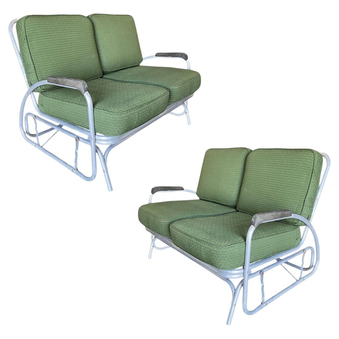 Streamline Art Deco Aluminum Patio/Outdoor Settee Slider/Rocking , Pair: Title: Streamline Art Deco Aluminum Patio/Outdoor Settee Slider/Rocking , Pair Description: Pair of Art Deco patio lounge settees both consisting of an aluminum tubular frame with decorative streamlin