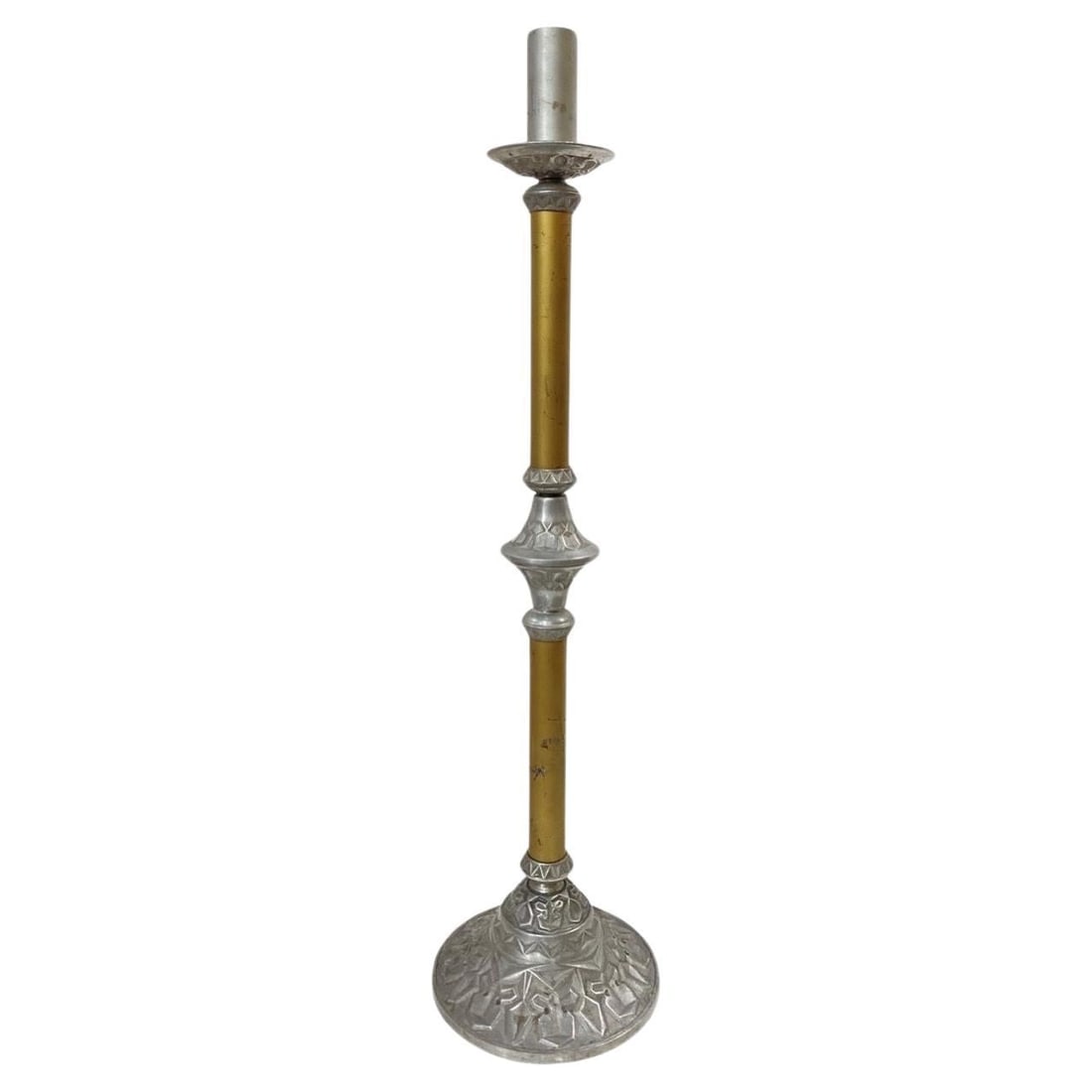Arts and Crafts Two Tone Aluminum and Brass Art Deco Floor Standing Candelabra: Title: Arts and Crafts Two Tone Aluminum and Brass Art Deco Floor Standing Candelabra Description: The Arts and Crafts Two Tone Aluminum and Brass Art Deco Floor Standing Candelabra is a unique piece 