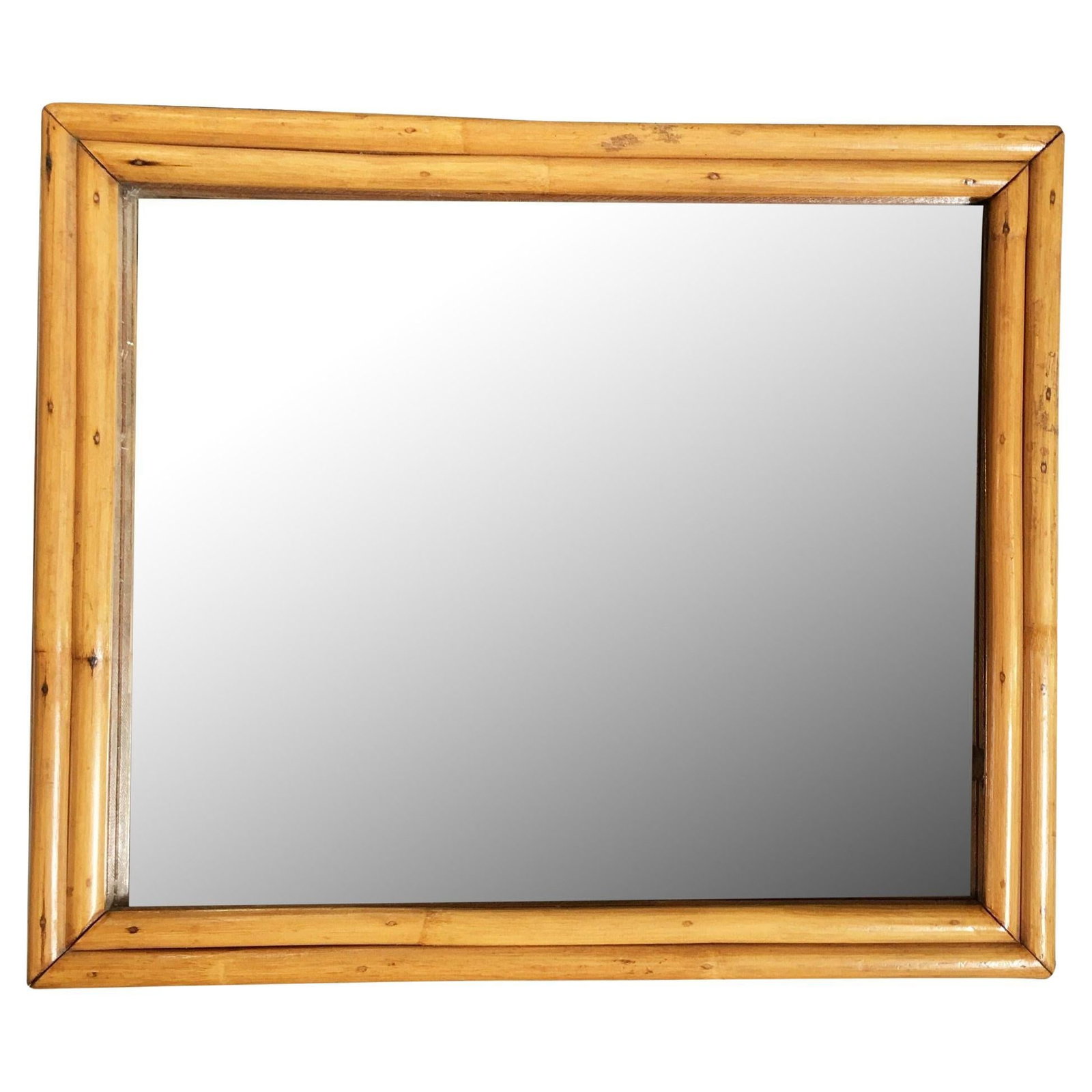 1950's Restored Two-Strand Rectangle Rattan Wall Mirror: Title: 1950's Restored Two-Strand Rectangle Rattan Wall Mirror Description: This beautifully restored Paul Frankl-inspired 19-inch-tall rectangular mirror, framed in a beautifully crafted double-stran