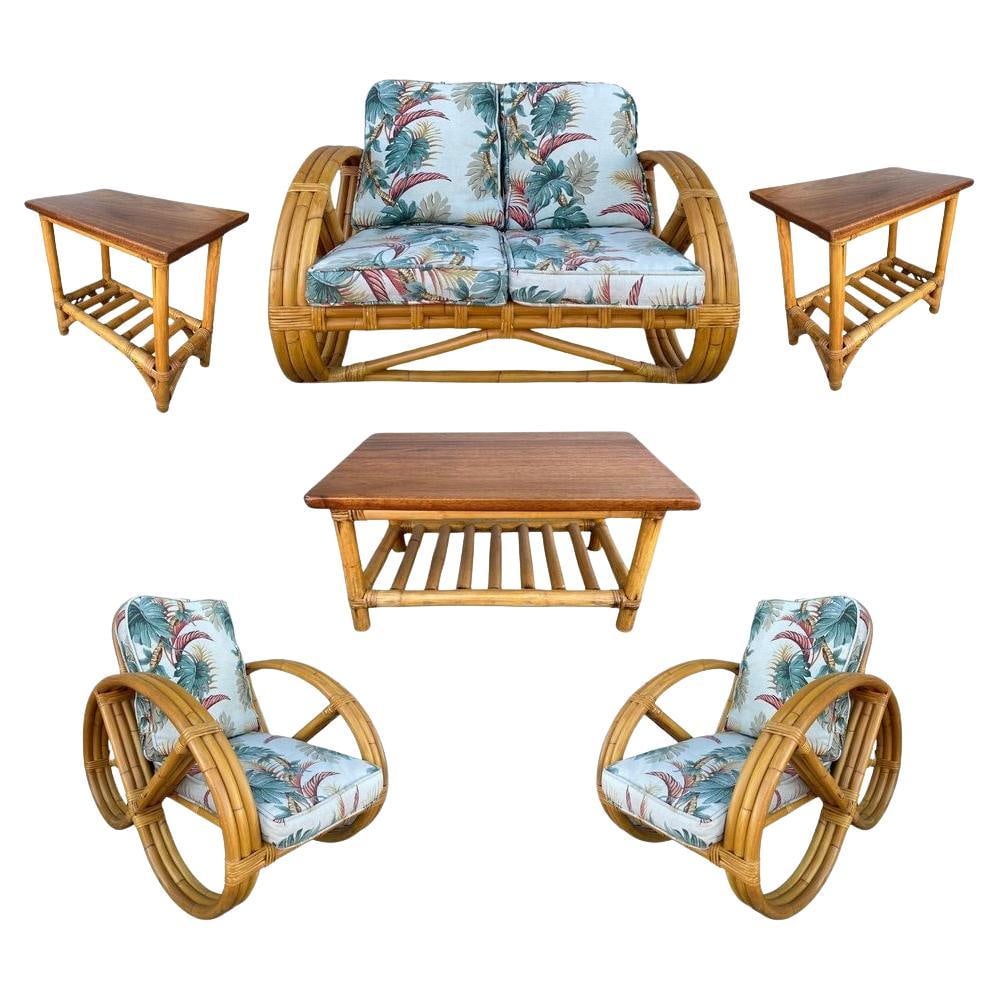 Restored Mid-century Child Size 3-Strand Round Pretzel Rattan Living Room Set: Title: Restored Mid-century Child Size 3-Strand Round Pretzel Rattan Living Room Set Description: This beautifully restored Paul Frankl-inspired three-strand round full pretzel arm rattan living room 