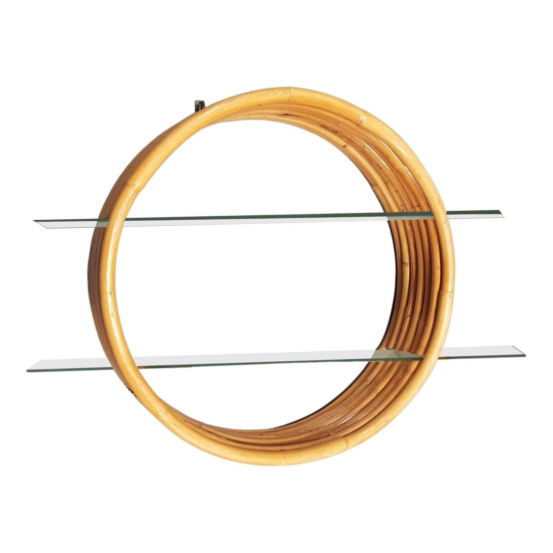 Restored Rattan Mid-Century Circular Rattan Wall Shelf W/ Glass Shelves: Title: Restored Rattan Mid-Century Circular Rattan Wall Shelf W/ Glass Shelves Description: Circular restored seven-strand rattan wall shelves holding two glass shelves. This stylish round rattan wall