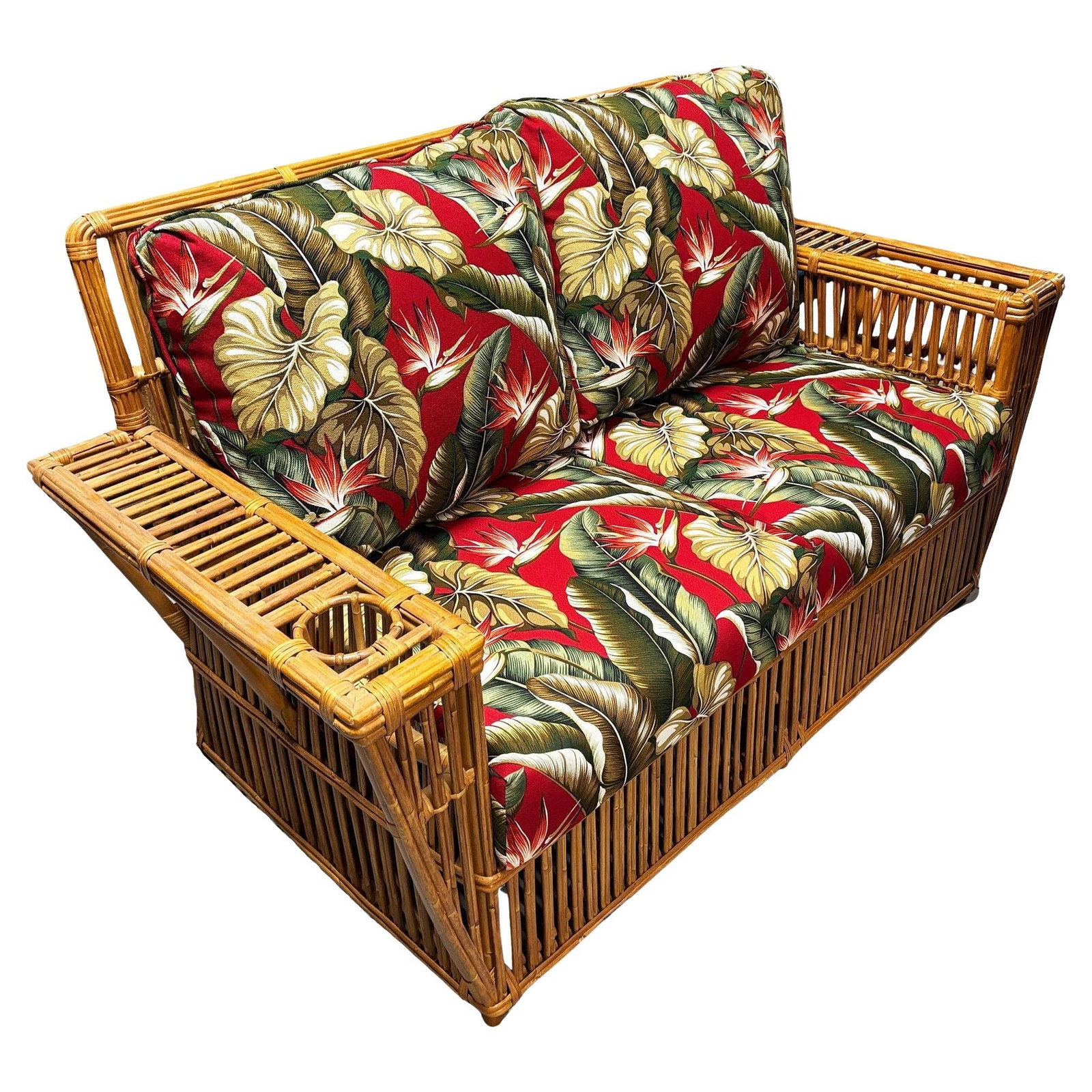 Deco Style "Presidents" Stick Reed Rattan Nantucket 3-Seat Sofa, Floral Cushions (1 of 4)