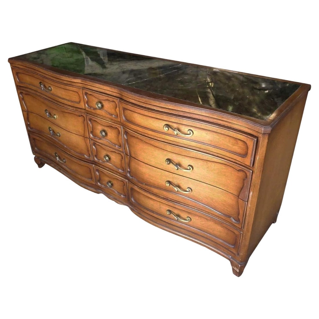 Antique French Provincial Dresser with Mirror Top by RWAY: Title: Antique French Provincial Dresser with Mirror Top by RWAY Description: This beautifully restored rattan blending style vintage charm with modern comfort. Beautiful dresser console by reputable