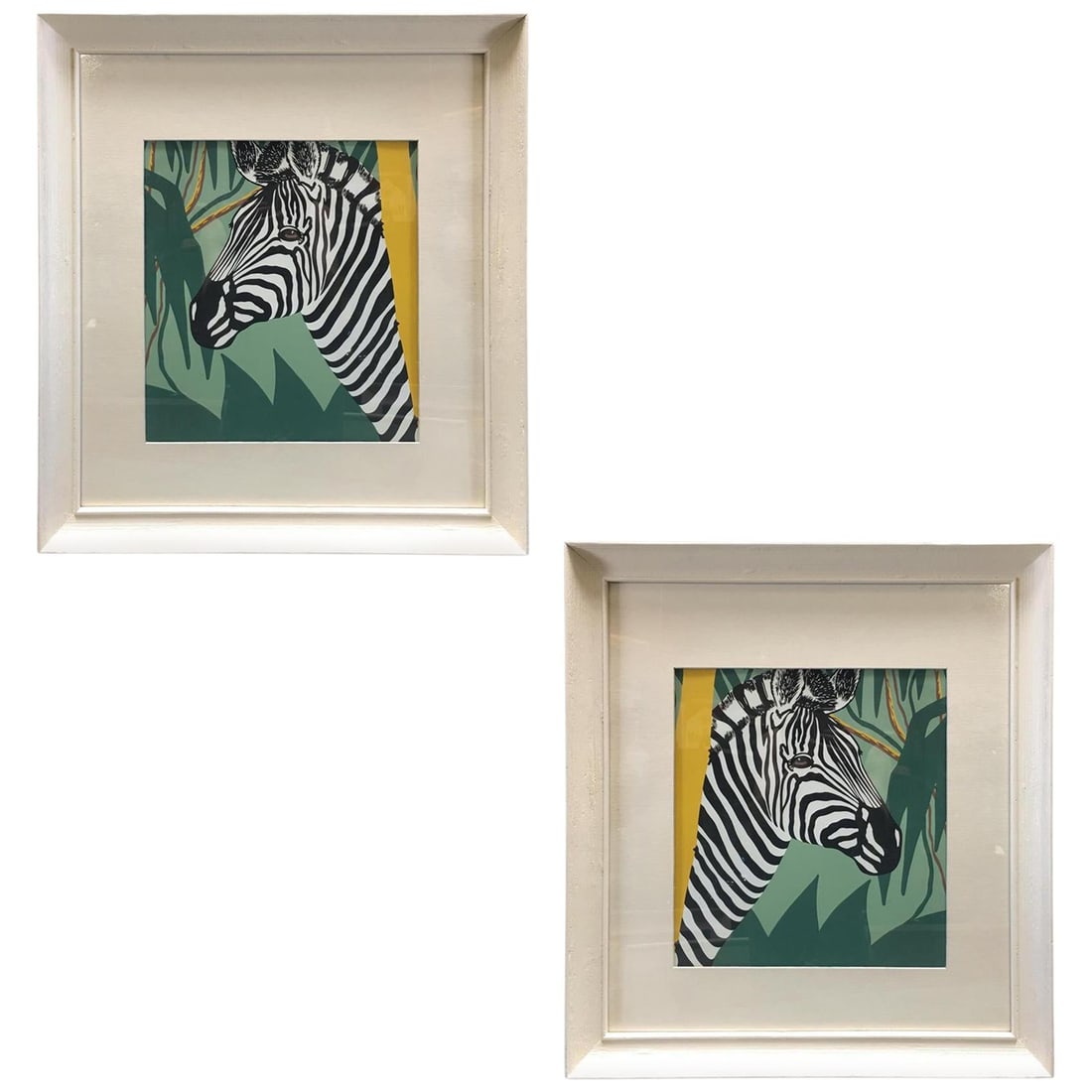 Post War Hawaiian Airbrush Zebra in Original Frame w/ large Mat, Pair: Title: Post War Hawaiian Airbrush Zebra in Original Frame w/ large Mat, Pair Description: Original Post-War Hawaiian Airbrush zebra in original period white painted wood frame with large mat border, P