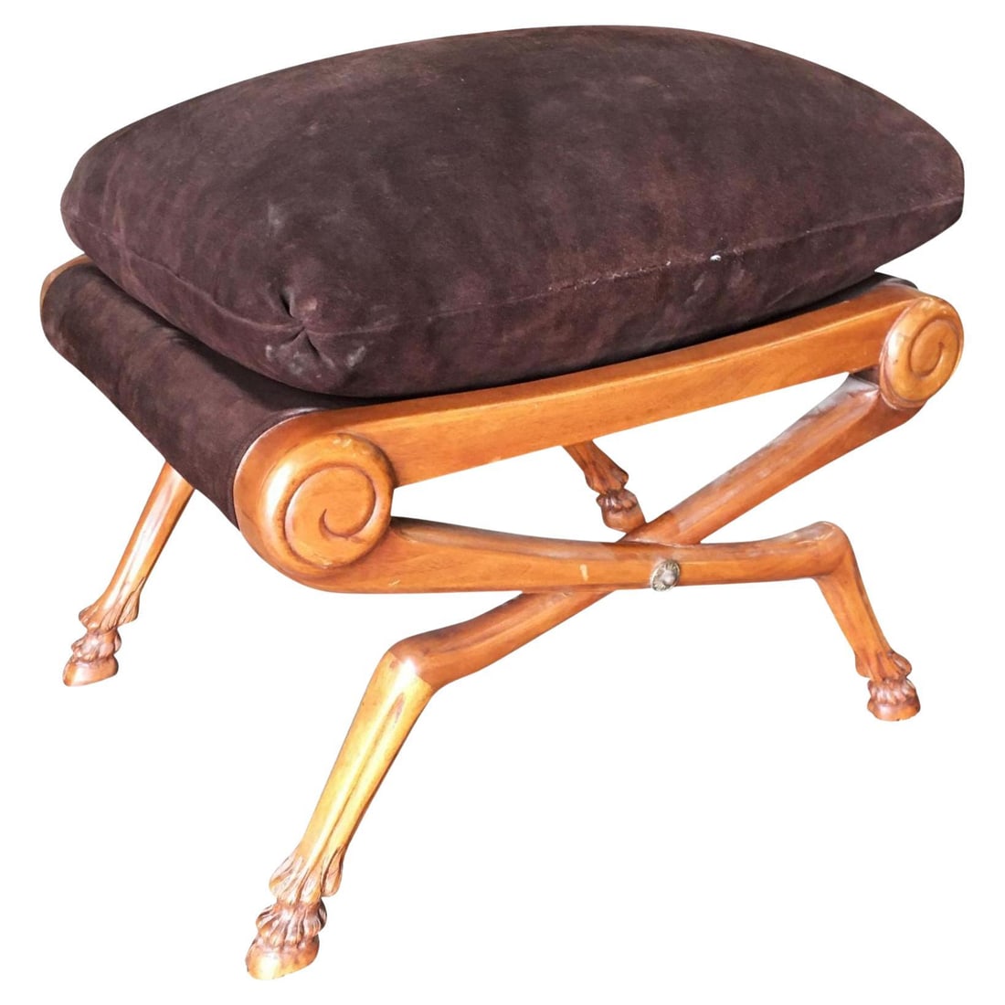 Neoclassic Style Walnut Stool with Brown Velvet Top (1 of 5)