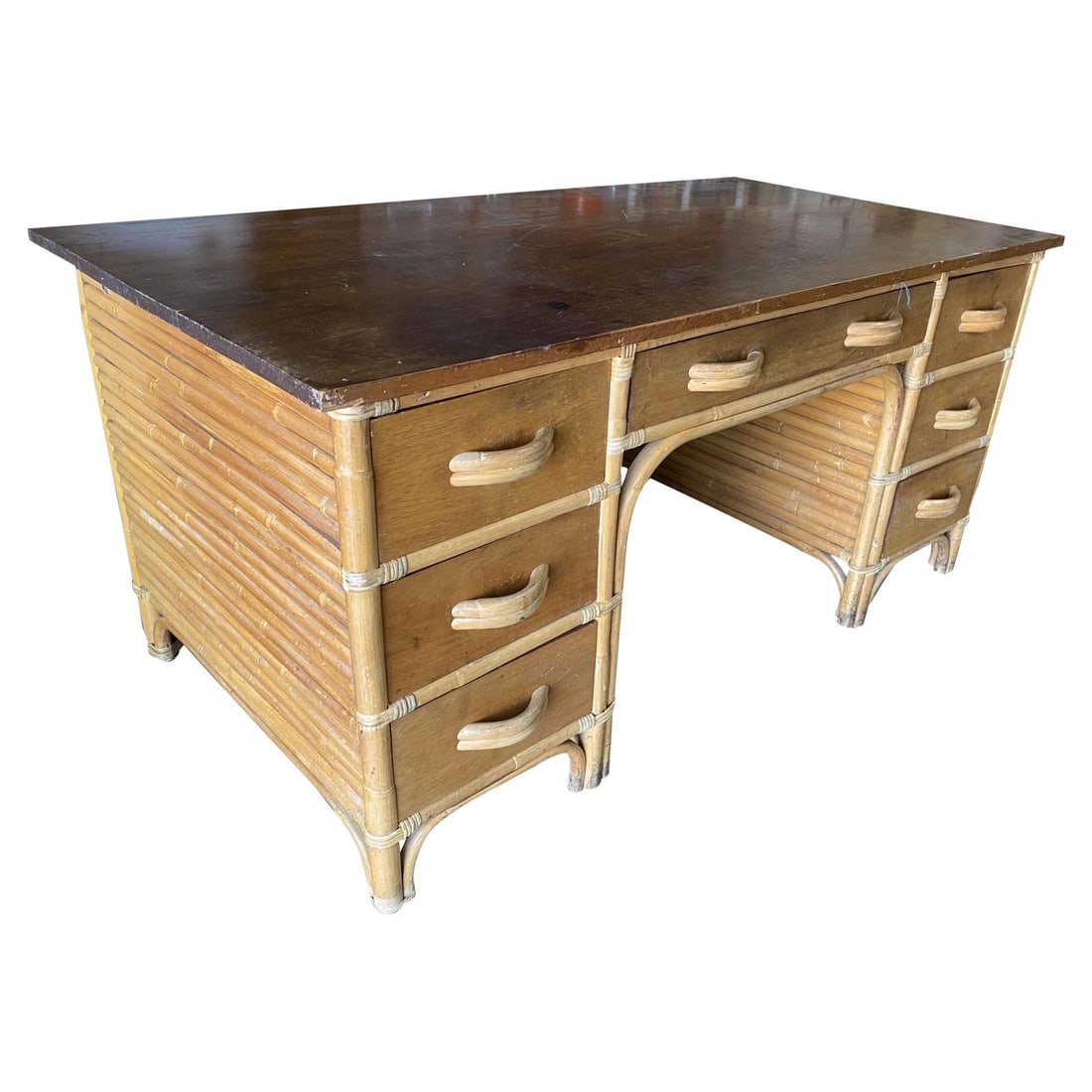 Restored Mid-century Stacked Rattan Executive Desk W/ Solid Mahogany Top (1 of 5)