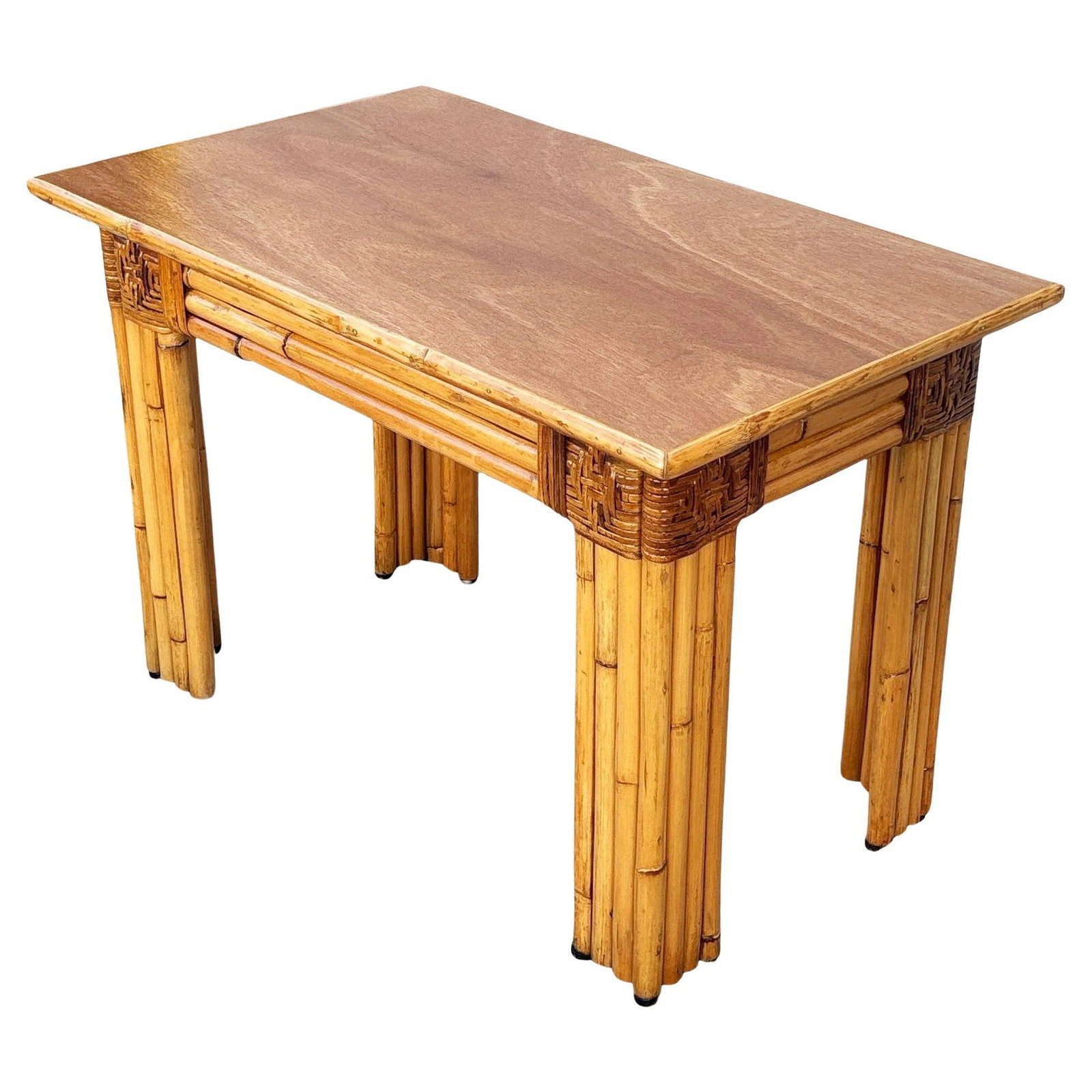 Restored Mid-century Vertically Stacked Rattan Mahogany Top Console Table: Title: Restored Mid-century Vertically Stacked Rattan Mahogany Top Console Table Description: This beautifully restored 30" wide console table with 7-strand vertically stacked rattan legs and a mahoga