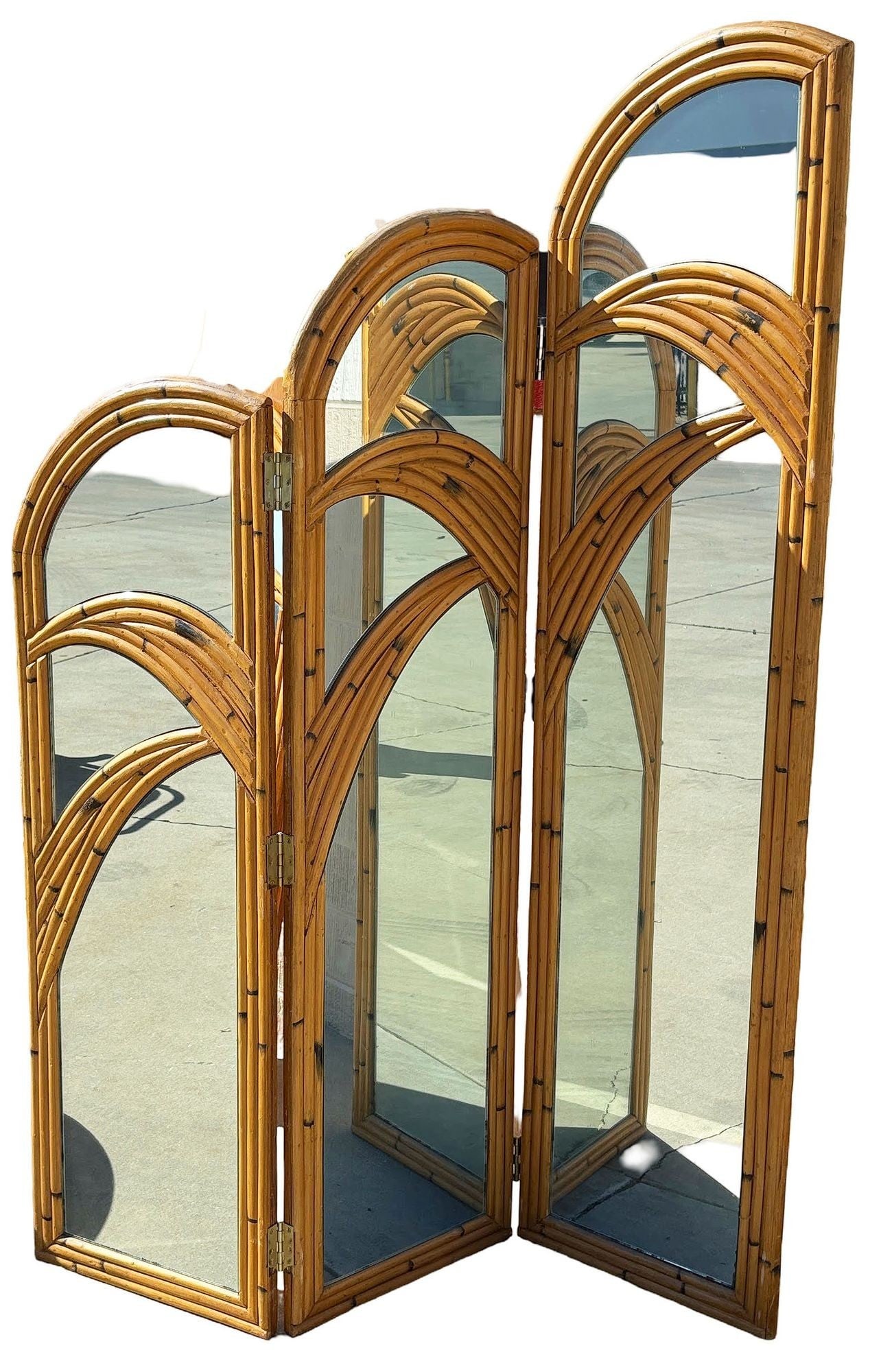 Restored 3-Panel Art Deco Palm Frond Design Rattan Mirror Folding Screen (1 of 5)