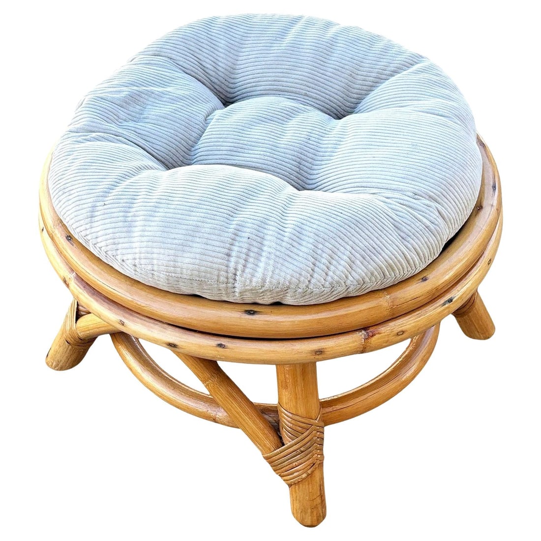 Restored Mid-century Rattan Round Ottoman w/ Tufted Cushion: Title: Restored Mid-century Rattan Round Ottoman w/ Tufted Cushion Description: This beautifully restored coastal rattan round ottoman featuring a sturdy hand-wrapped rattan frame and a comfortable tu
