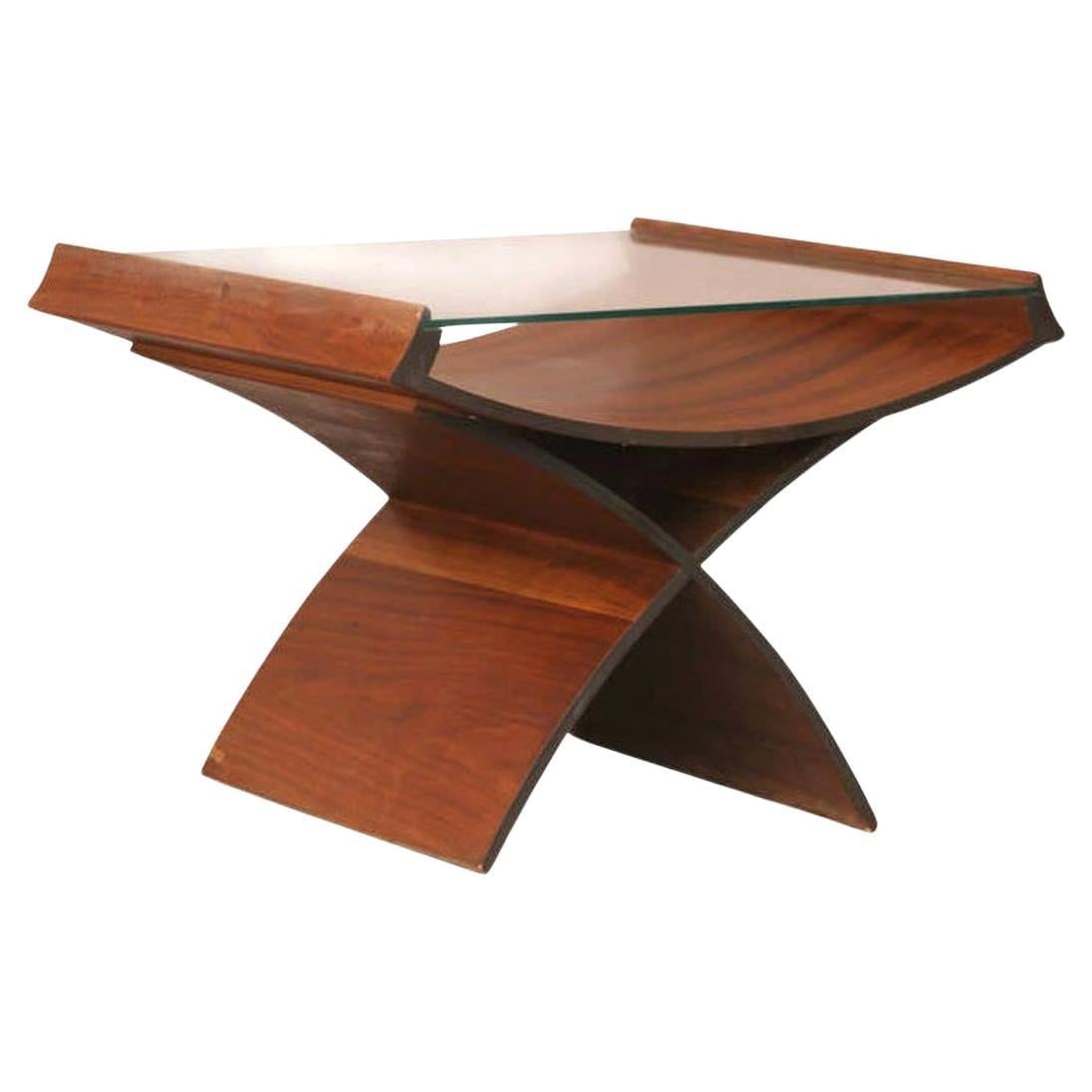 Mid-Century Molded Sculptural Bentwood Hourglass Side Drink Table w/ Glass Top: Title: Mid-Century Molded Sculptural Bentwood Hourglass Side Drink Table w/ Glass Top Description: Inspired by the breakthrough of the Eames-designed LCD chair for Herman Miller, many designers and bo