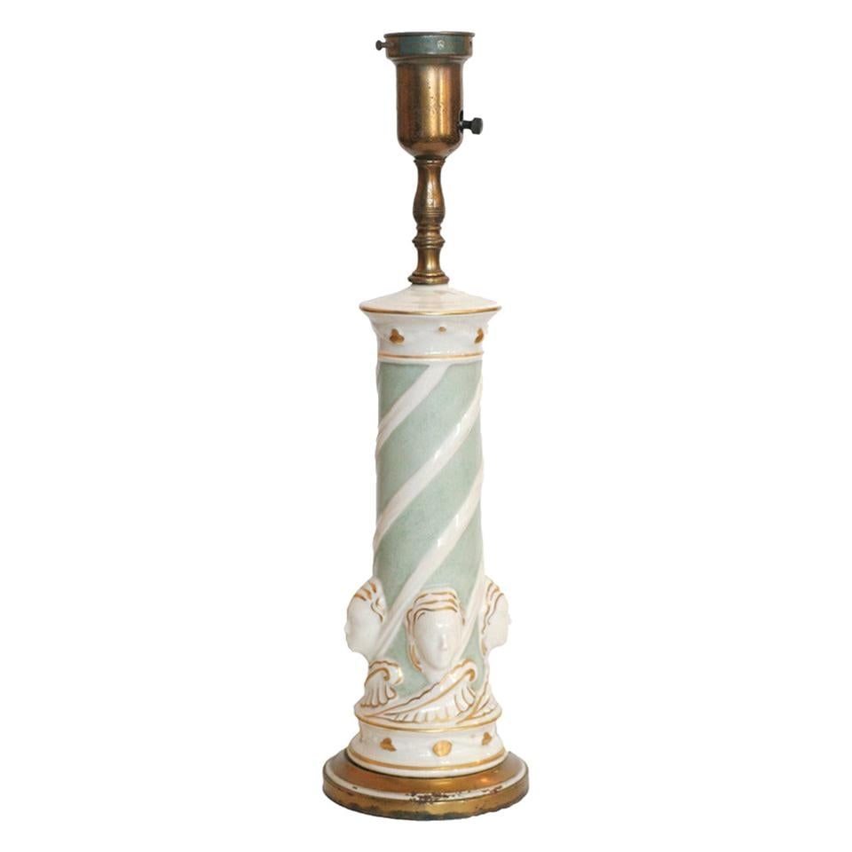 Ceramic Hollywood RegencyGreek Face Table Lamp by Rembrandt Light Company: Title: Ceramic Hollywood RegencyGreek Face Table Lamp by Rembrandt Light Company Description: Early Ceramic Regency Lamp featuring four female faces and painted gold accents by Rembrandt Light Company