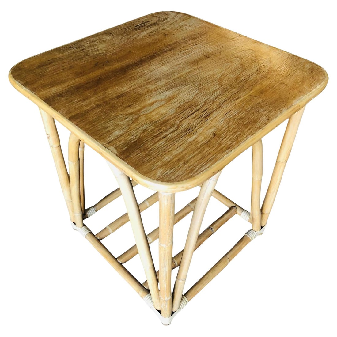 Restored Three-Strand "Quad Arch" Rattan Side & Drink Table: Title: Restored Three-Strand "Quad Arch" Rattan Side & Drink Table Description: Early Art Deco rattan square side table or drink stand featuring a bent rattan structure with Hawaiian Acacia Koa wood s