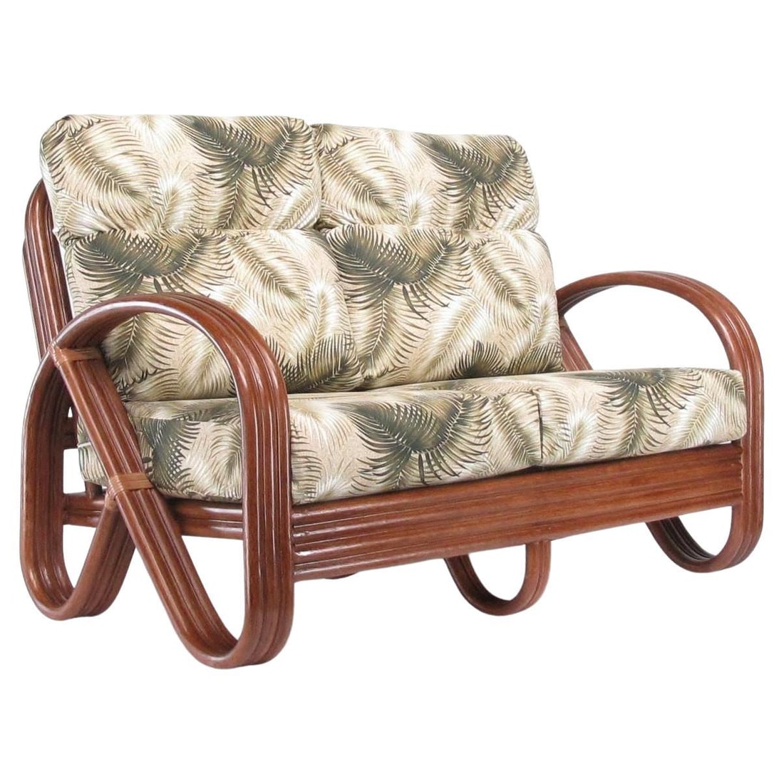Modernist 3-Strand 3/4 Pretzel "Kauai" Rattan Settee Sofa: Title: Modernist 3-Strand 3/4 Pretzel "Kauai" Rattan Settee Sofa Description: New old stock 3-strand ¾ rattan loveseat sofa "Kauai" Sofa featuring 3/4 pretzel chair arms with loop center feet. Ad