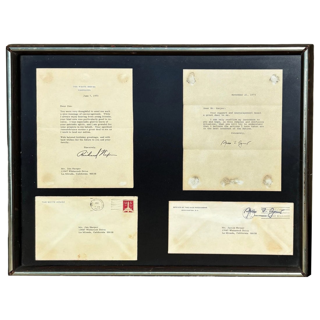Framed Richard Nixon & Spiro Agnew Watergate Letters 1973: Title: Framed Richard Nixon & Spiro Agnew Watergate Letters 1973 Description: Hand-typed letters between "Jim Harper" of California and the 37th president of the United States, Richard Nixon, and Vice