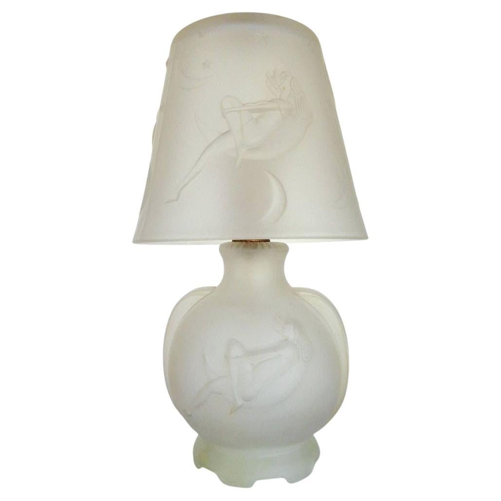 1984 Art Deco Lay by the Stars Crescent Moon Boudoir Glass Lamp by Sarsaparilla: Title: 1984 Art Deco Lay by the Stars Crescent Moon Boudoir Glass Lamp by Sarsaparilla Description: Re-edition frosted glass boudoir lamps, each known as the "Lay by the Stars," features a nude woman 