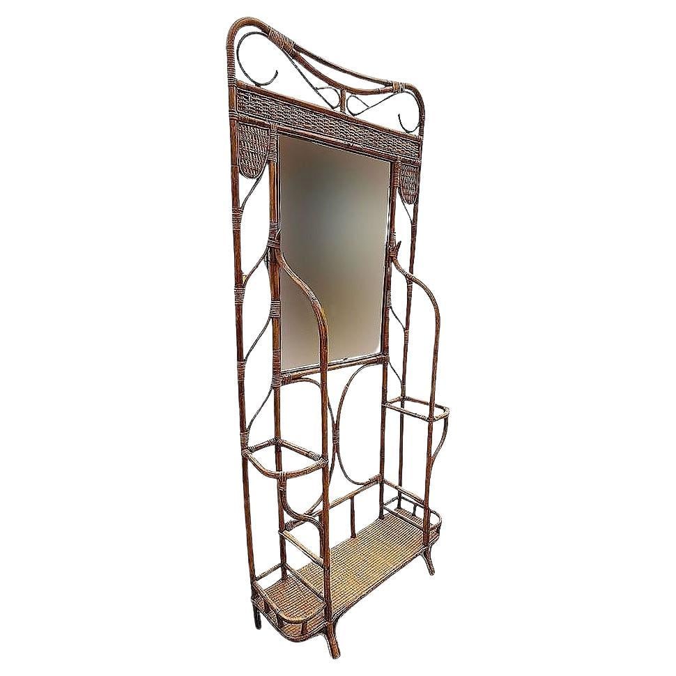 Restored Aesthetic Movement Bamboo& Grassmat Hall Tree W Mirror & Umbrella Stand (1 of 5)