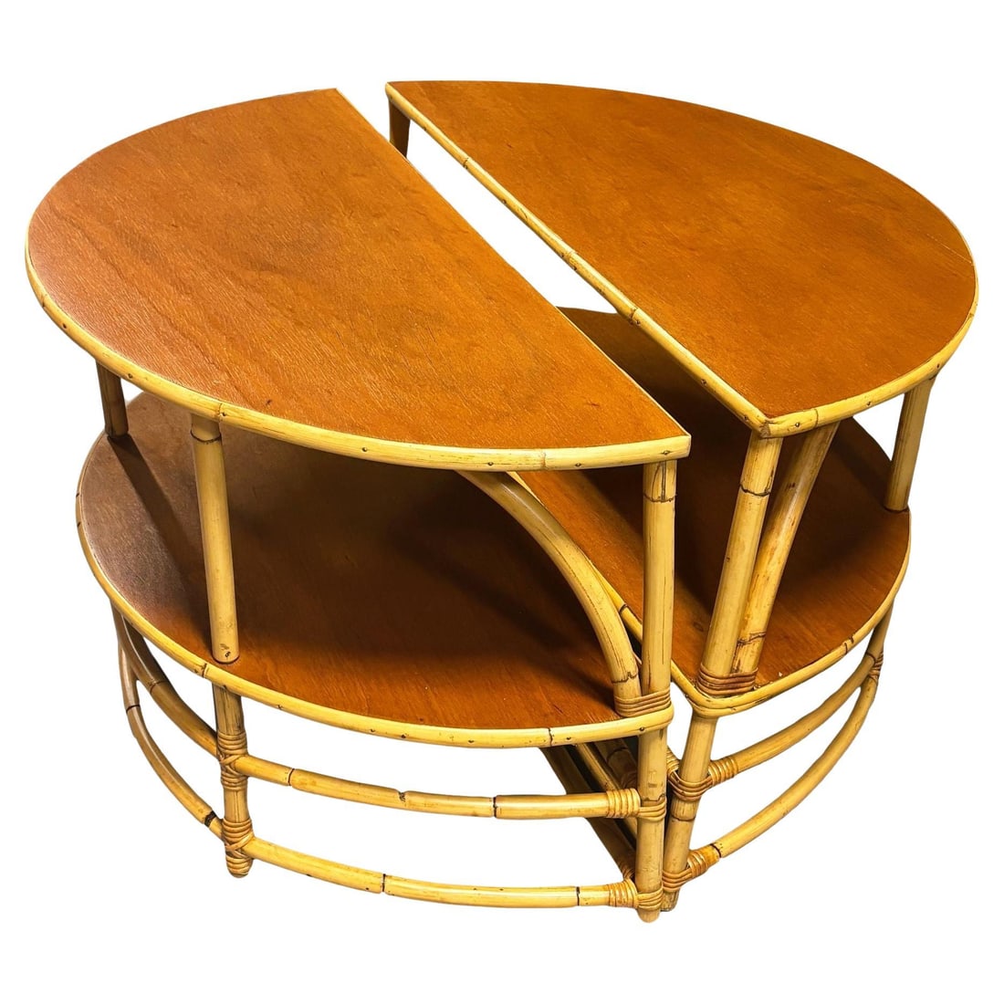 Restored Rattan & Mahogany Half Moon Side Table, Pair: Title: Restored Rattan & Mahogany Half Moon Side Table, Pair Description: This beautifully restored Paul Frankl-inspired half-round side table pair which combines to make a larger full-moon round cent