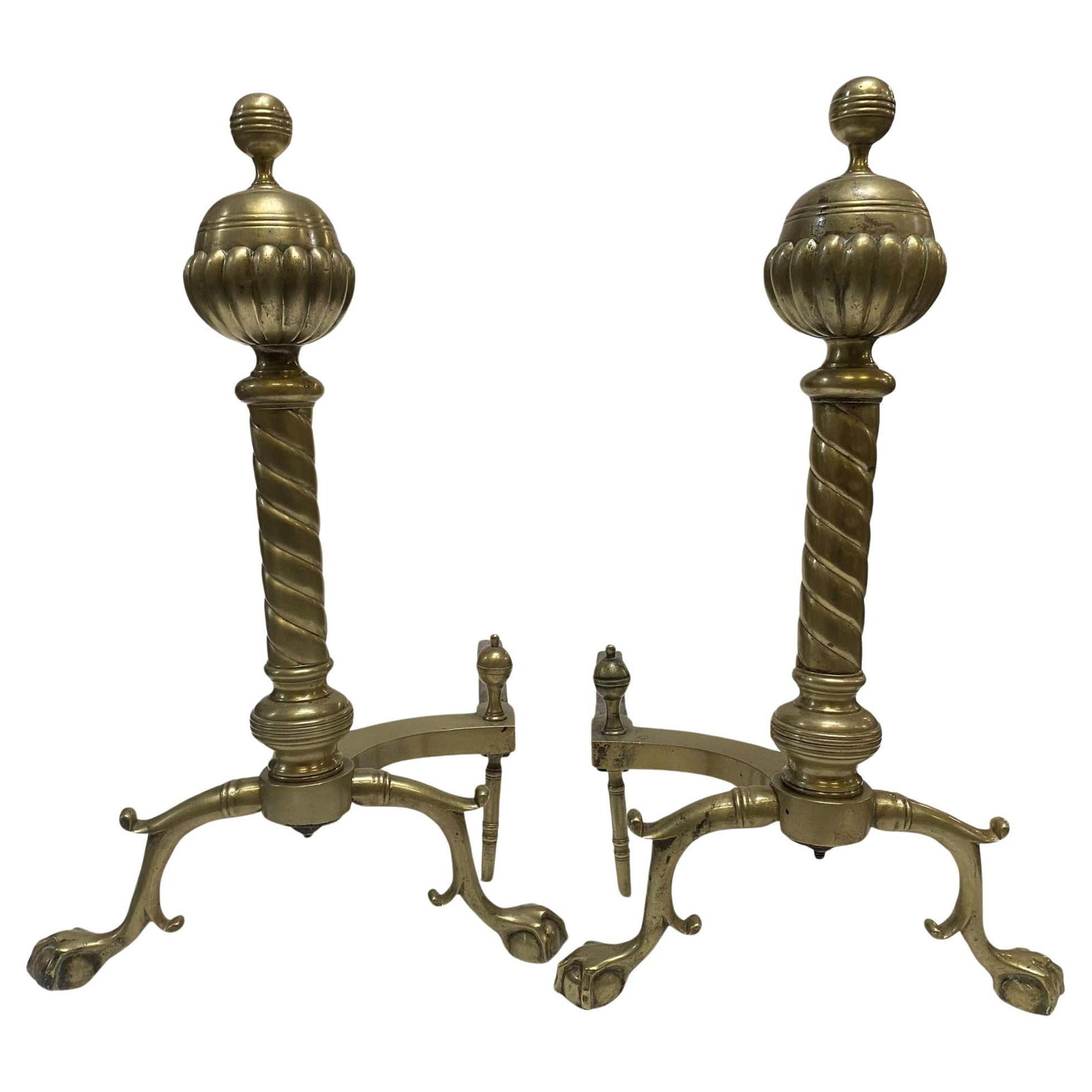 Pair of Brass Belted Ball-top and Spiral Turned Clawfoot Andirons (1 of 5)