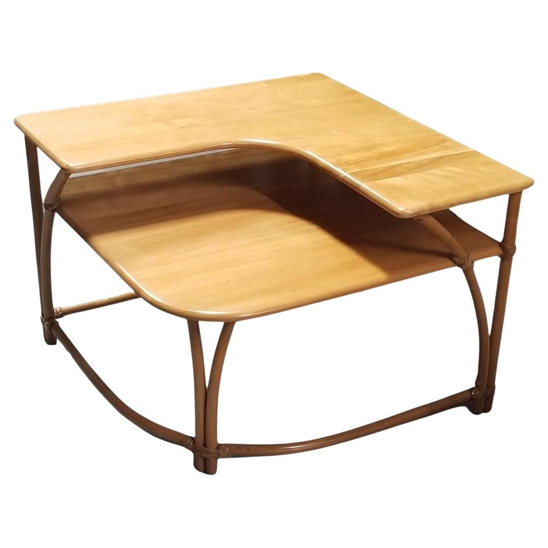 Restored MCM Maple & Faux Rattan "L" Shaped Corner Table by Heywood Wakefield (1 of 5)