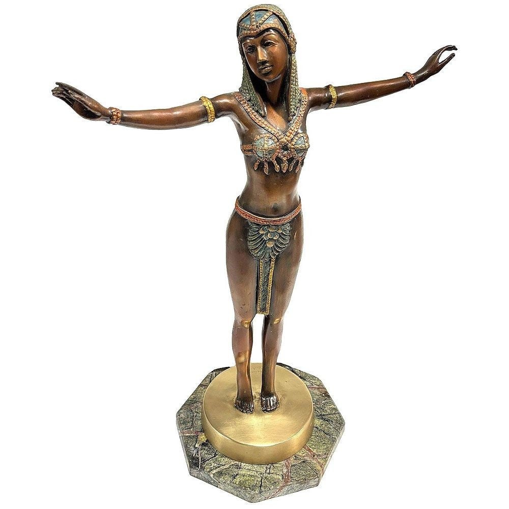 Art Deco Style Egyptian Belly Dancer Bronze Sculpture on Marble Base by Marius: Title: Art Deco Style Egyptian Belly Dancer Bronze Sculpture on Marble Base by Marius Description: Art Deco Style Egyptian belly dancer bronze sculpture on a green marble base. The statue is fashioned