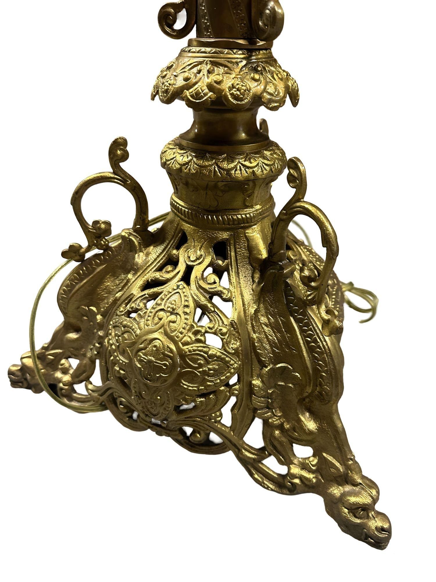 Hollywood Regency Neo-Gothic Scrolling Solid Brass Dragon Table Lamp - 5