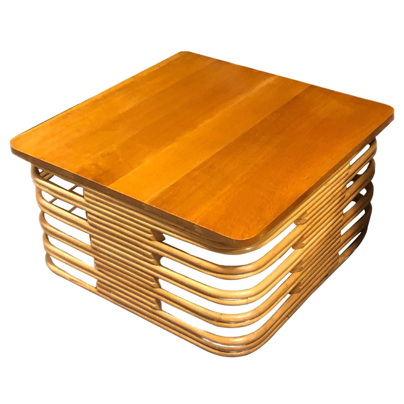 Restored Stacked Rattan Cocktail Coffee Table w/ Mahogany Top: Title: Restored Stacked Rattan Cocktail Coffee Table w/ Mahogany Top Description: This beautifully restored Paul Frankl-inspired stack rattan coffee/cocktail table in the style made famous by Paul Fra
