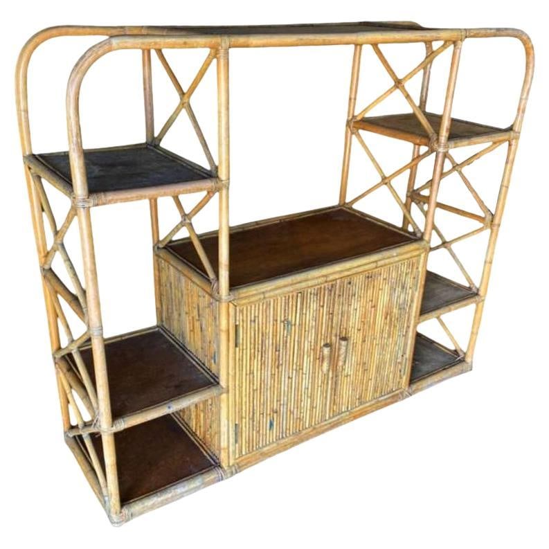 Restored Rattan Seven-Tier Display Shelf Wall Etagere Unit w/ Cabinet (1 of 5)
