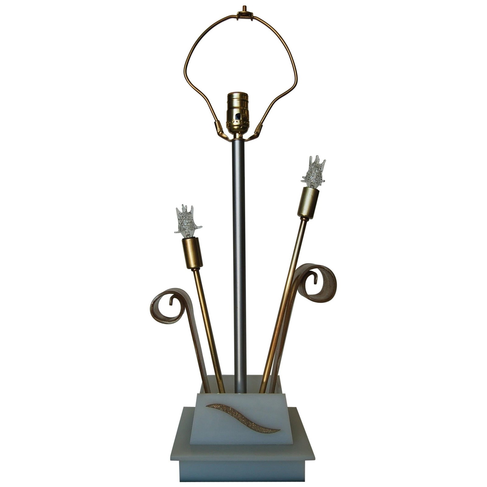 Gold Glitter Scrolling Acrylic Star Table Lamp by Moss Lighting: Title: Gold Glitter Scrolling Acrylic Star Table Lamp by Moss Lighting Description: Midcentury gold glitter scrolling acrylic table lamp by Moss Lighting. The lamp features a center standard socket an