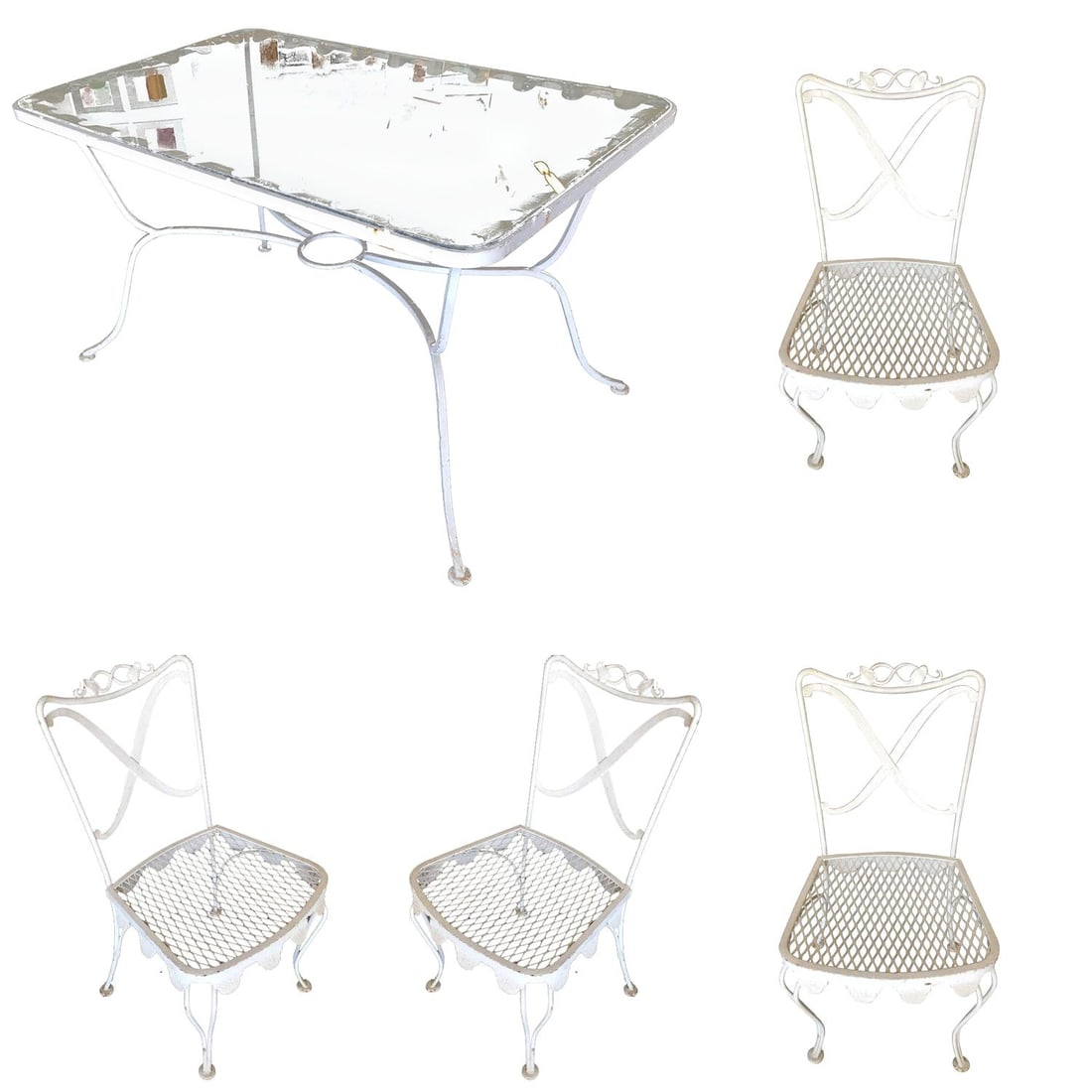 Wrought Iron Scrolling Pattern Cafe Patio Set Table w/ 4 Chairs: Title: Wrought Iron Scrolling Pattern Cafe Patio Set Table w/ 4 Chairs Description: Woodard wrought iron scrolling pattern patio/outdoor set featuring four side chairs, two armchairs, and one glass-to