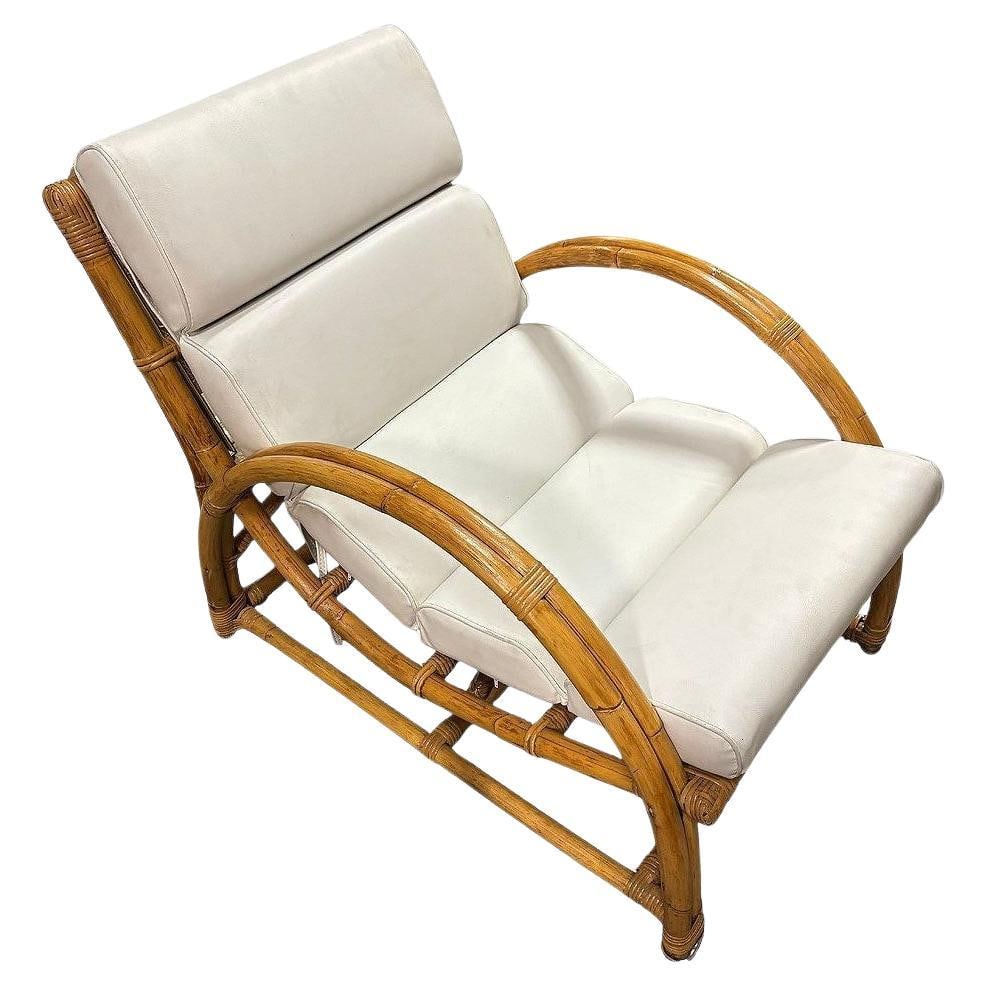 Restored MCM Rattan Double-Strand Half Moon Arm Lounge chair: Title: Restored MCM Rattan Double-Strand Half Moon Arm Lounge chair Description: Original Paul Frankl inspired rattan lounge chair features a double-strand half-moon arm design with a curved stick rat