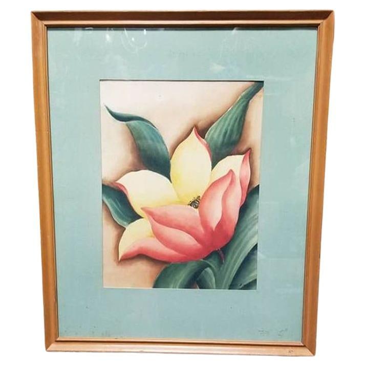 Framed Airbrush on Paper Hibiscus Tropical Floral by Jane Boyd, 1948: Title: Framed Airbrush on Paper Hibiscus Tropical Floral by Jane Boyd, 1948 Description: Transform your space with the timeless elegance of 1948 Airbrush Hibiscus Tropical Floral on paper by Jane Boyd