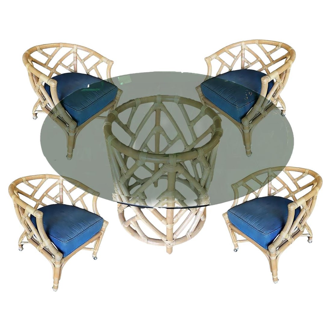 Round Pedestal Table and Geometric Bucket Armchair Rattan Dining Set: Title: Round Pedestal Table and Geometric Bucket Armchair Rattan Dining Set Description: Rattan dining set with 4 Bucket style dining armchairs each with a Geometric seat back and blue cotton seat and