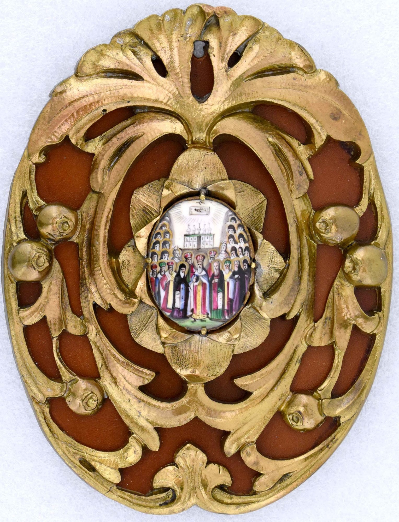 Finift. Assembly of Saints of Kiev Pechersk Lavra: Details: Dimensions 10 × 13 cm Century 19 Additional Information: Assembly of Saints of Kiev Pechersk Lavra. Russian Finift icon in bronze frame. Reserve: $650.00 Shipping: