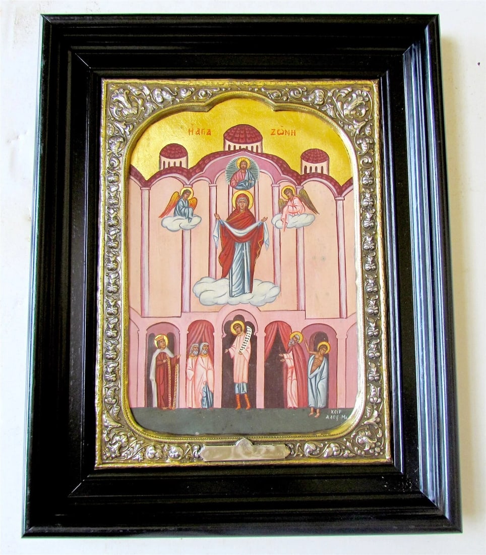 GREEK ORTHODOX SILVER BASMA ICON THEOTOKOS INTERCESSION marked 950 HAND PAINTED: Brand new, not an antique. Framed under glass. Size 9 1/2 by 13" Framed 13 3/4 by 17 1/4" Mint condition. (GLASS WILL BE REMOVED FOR INTERNATIONAL SHIPPING, WILL BE SHIPPED WITHOUT GLASS TO AVOID DAMA