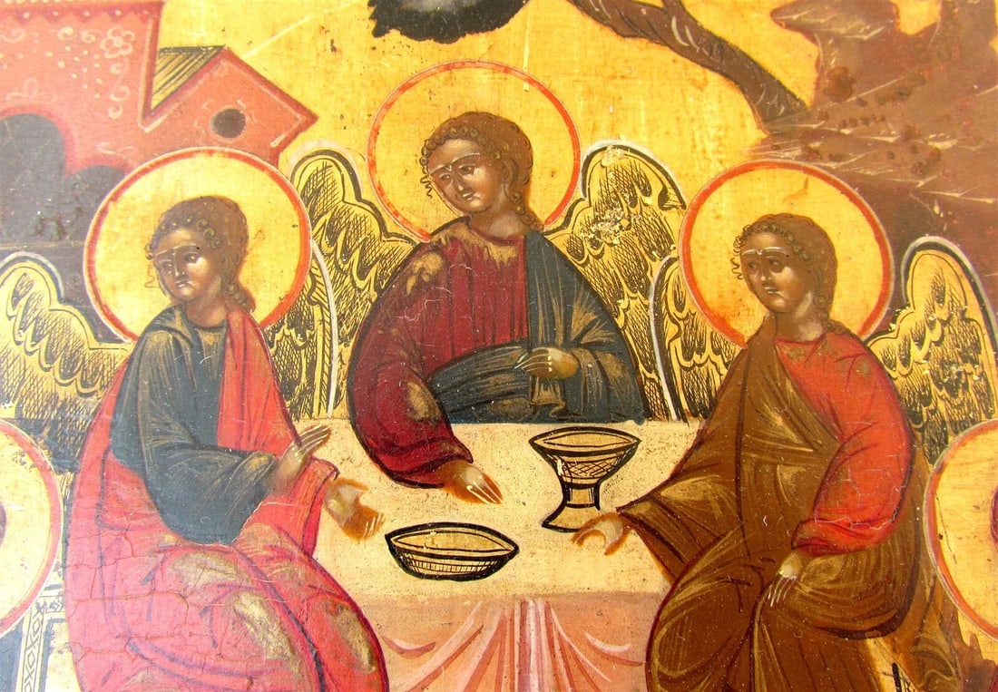 RUSSIAN ICON of OLD TESTAMENT TRINITY 19th CENTURY antique HAND PAINTED - 2