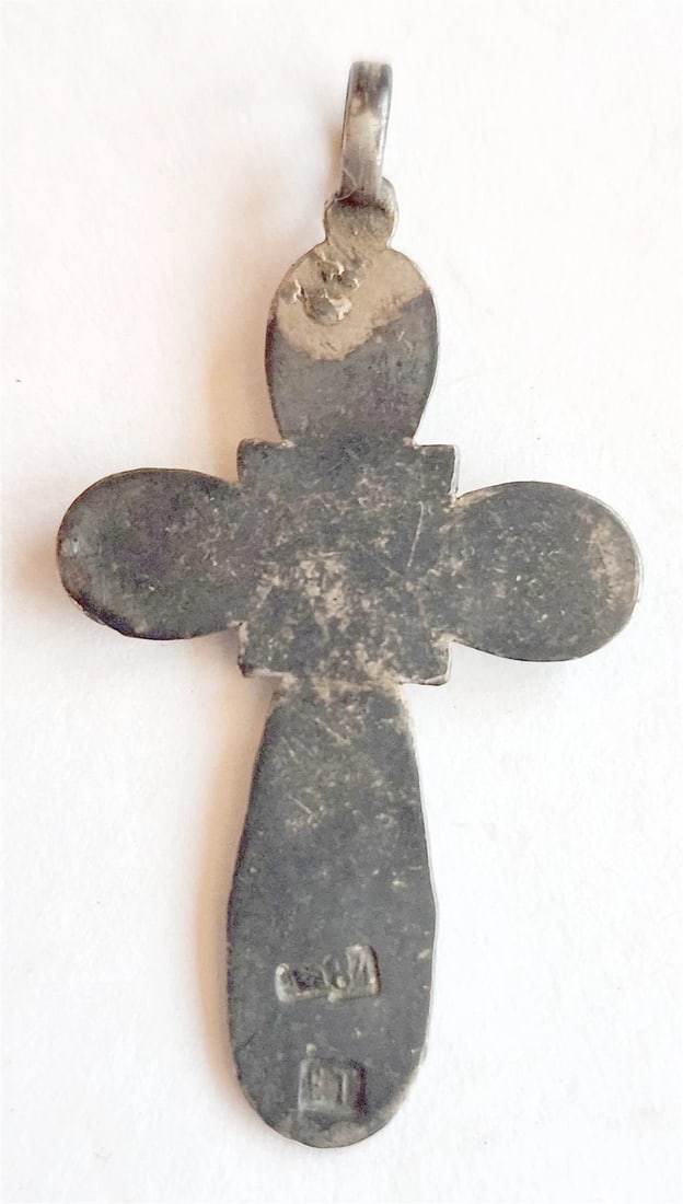 19th century RUSSIAN ORTHODOX SILVER ENAMEL icon NECK CROSS antique - 2