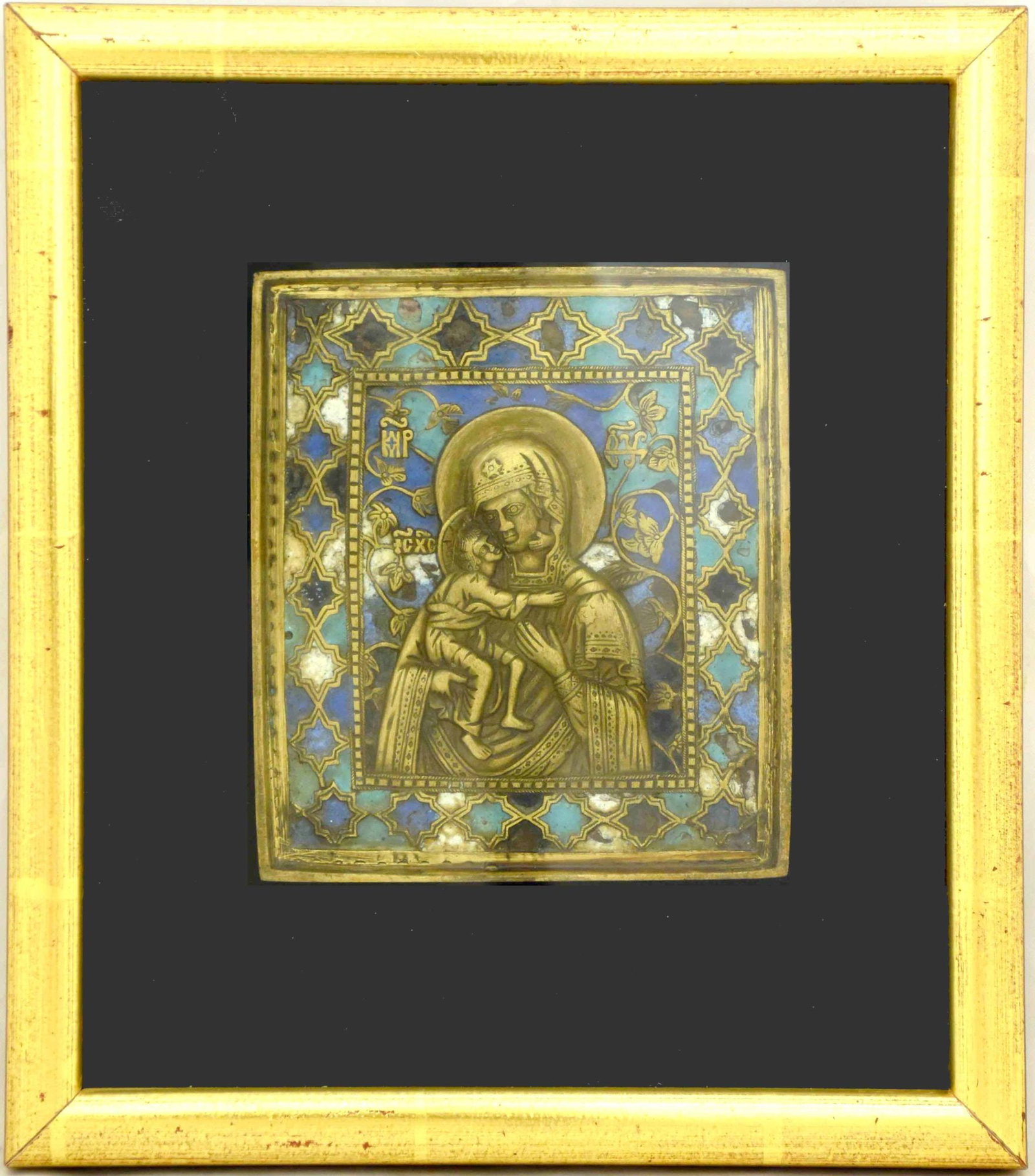 Our Lady of Fedorov: Details: Dimensions 22 × 24.5 cm Century 19 Additional Information: Our Lady of Fedorov. Russian metal icon with multicolor enamel – 11.5x13cm; wooden frame. Reserve: $850.00 Shipping: