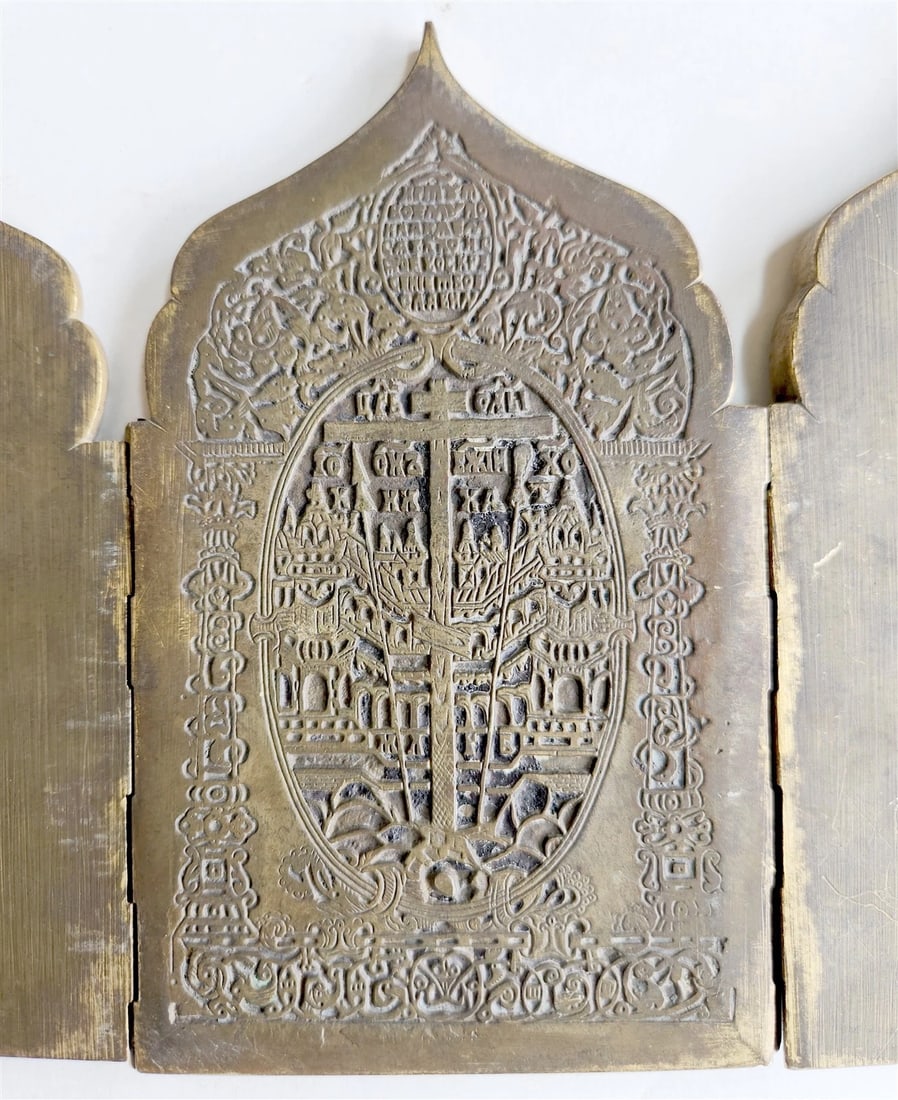 19th century RUSSIAN ORTHODOX BRONZE ENAMEL FOLDING TRAVELER ICON antique - 11