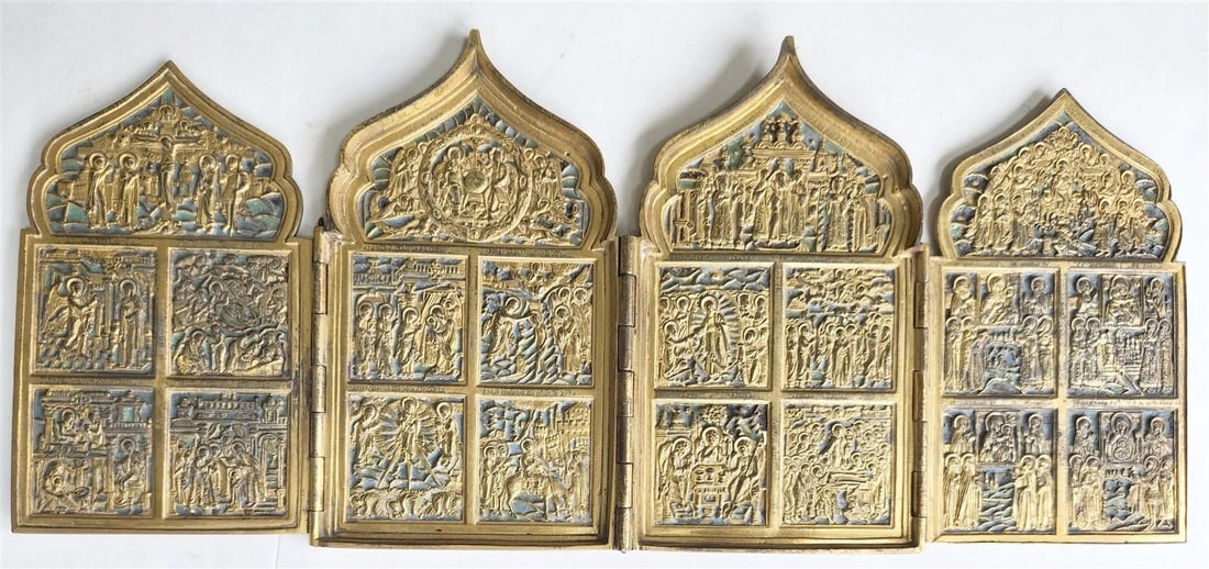 19th century RUSSIAN ORTHODOX BRONZE ENAMEL FOLDING TRAVELER ICON antique: Size in open condition 7 by 16" Very good condition Reserve: $349.00 Shipping: Domestic: Flat-rate of $25.00 to anywhere within the contiguous U.S. International: Foreign shipping rates are