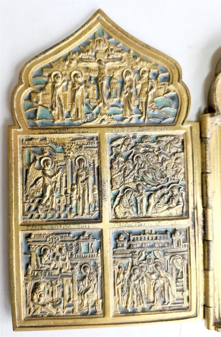 19th century RUSSIAN ORTHODOX BRONZE ENAMEL FOLDING TRAVELER ICON antique - 2