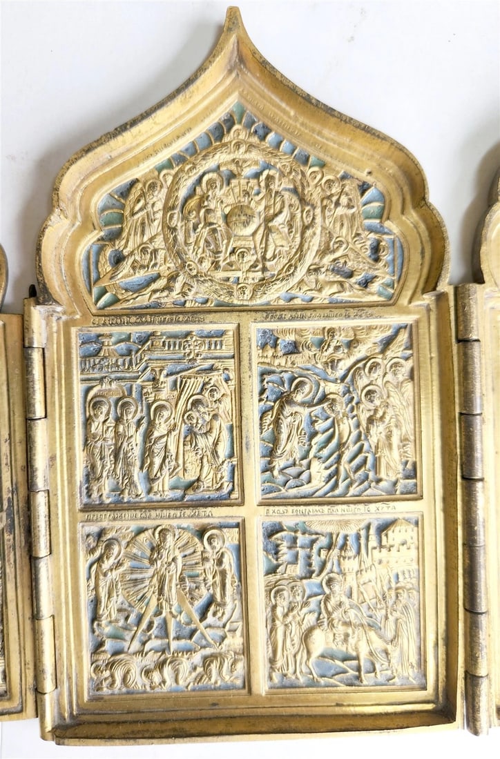 19th century RUSSIAN ORTHODOX BRONZE ENAMEL FOLDING TRAVELER ICON antique - 3